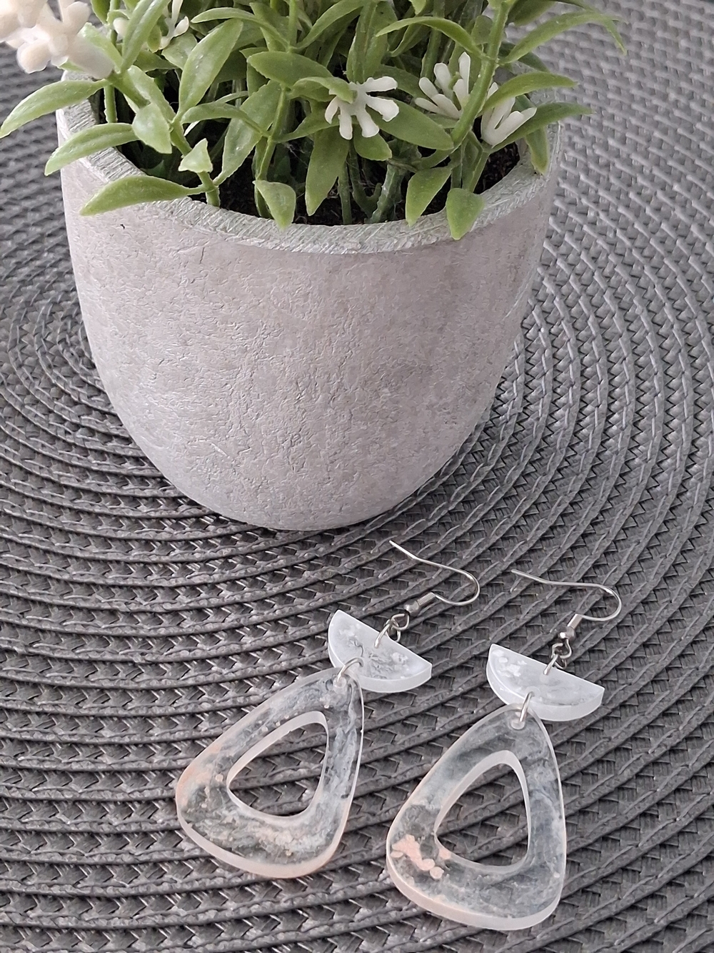 Clear Resin Teardrop Dangle Earrings - White and Translucent
